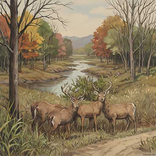 The image depicts three deer standing on a dirt road surrounded by tall grass and trees with autumn foliage. The deer have antlers and appear to be grazing or resting.