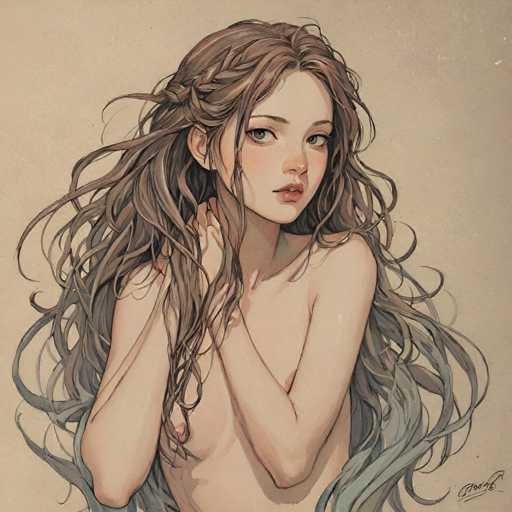 The image depicts a young woman with long brown hair and green eyes. She is wearing only her bathing suit, which covers most of her body except for the top half of her head. The background is a light beige color that contrasts with the dark brown hair of the woman.