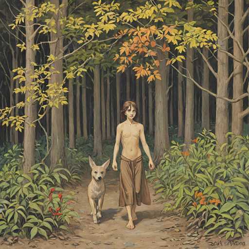The image depicts a young girl and her dog walking through a forest. The girl is wearing a brown skirt and carrying a bag on her back as she walks with the dog by her side. The trees surrounding them are tall and leafy, creating a canopy over their heads. The colors in the painting are predominantly green and brown, reflecting the natural environment of the forest.