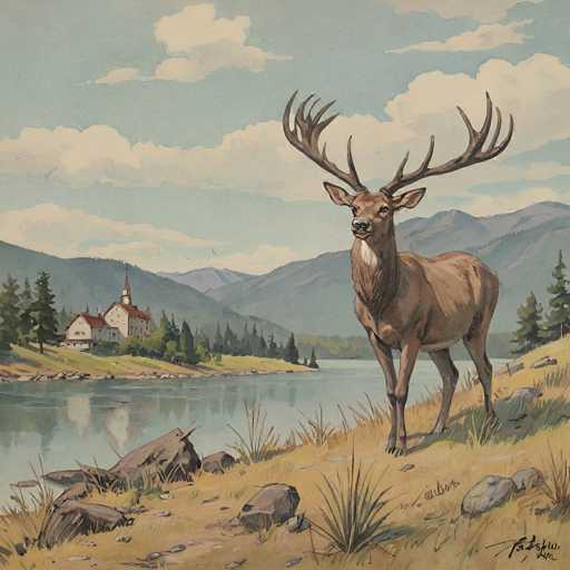 The image depicts a majestic brown deer standing on a rocky outcropping near a body of water. The deer is facing the camera and appears to be looking directly at it. In the background, there is a small village with houses nestled among trees, suggesting that this scene takes place in a rural or semi-rural setting.