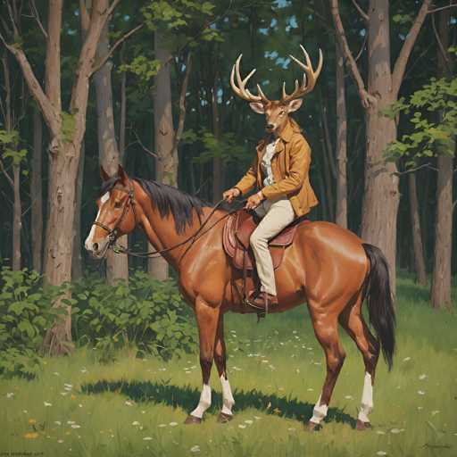 The image depicts a man dressed in a brown jacket and white pants riding on the back of a brown horse through a forest setting with tall trees surrounding them.