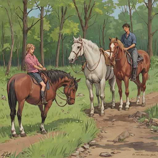 A watercolor painting depicting two people riding horses on a dirt path through a lush forest. The artist's signature is visible at the bottom of the image.
