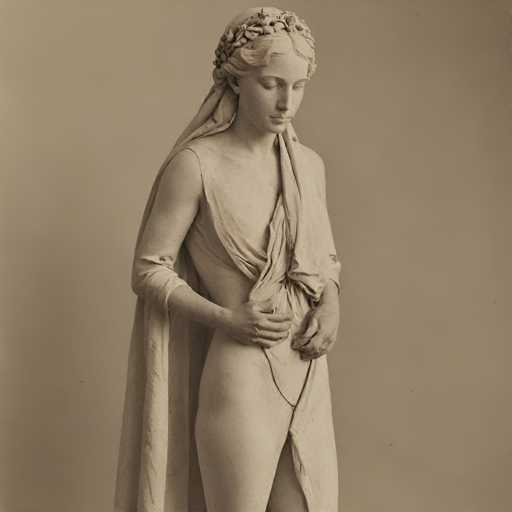 The image shows a statue of a woman with her arms crossed and a headdress on her head. The statue is made of stone and depicts the figure in a classical style.