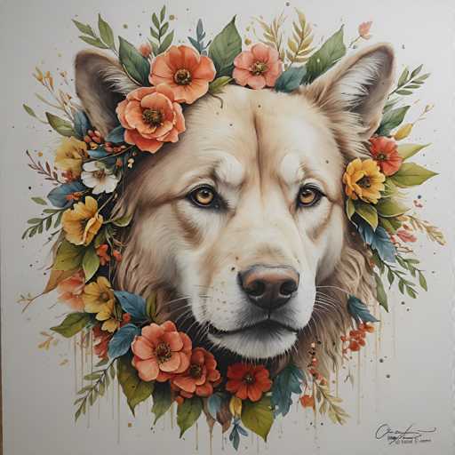 The image depicts a white dog with brown eyes and a pink nose, adorned with a wreath of flowers including red, orange, yellow, green, blue, and purple flowers. The background is a light beige color that contrasts with the vibrant colors of the flowers on the dog's face.