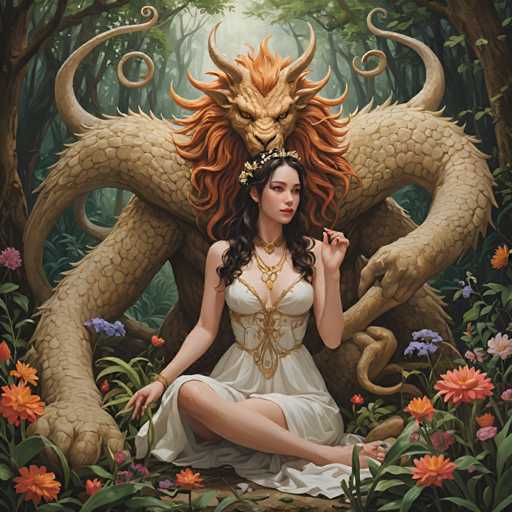 A woman with long brown hair is sitting on a rock surrounded by flowers and trees. She is wearing a white dress and has an orange headdress on her head. The background features a forest filled with trees and bushes.