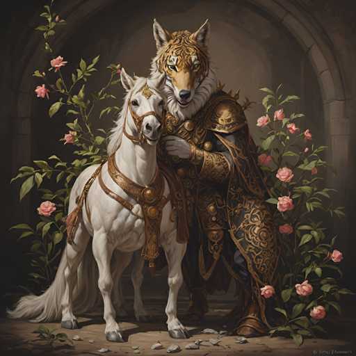 The image depicts a white horse and a tiger standing together in front of pink flowers. The tiger is wearing a golden suit with a gold emblem on its chest and holding the reins of the horse.