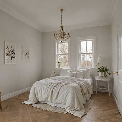 The image depicts a serene and elegant bedroom with white walls and a wooden floor. The room features a large bed dressed in a white comforter and two pillows, flanked by two windows that allow natural light to enter the space. Above the bed is a gold chandelier, adding an opulent touch to the room's decor. A small table stands next to the bed with a vase of flowers on it. The walls are adorned with framed pictures, contributing to the overall aesthetic and personal touches in the room.