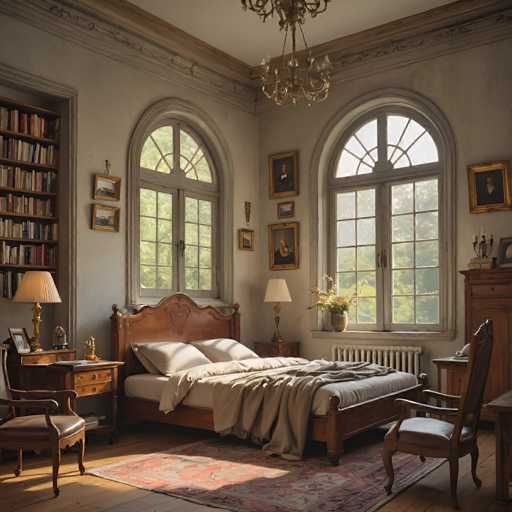 The image depicts a serene and elegant bedroom with a large bed dressed in white linens and two wooden nightstands on either side of the bed. Above the bed is a chandelier that casts a warm glow throughout the room. The walls are painted a light gray, and there are several framed pictures hanging above the bed. A window with an arched design allows natural light to enter the space, creating a tranquil atmosphere.