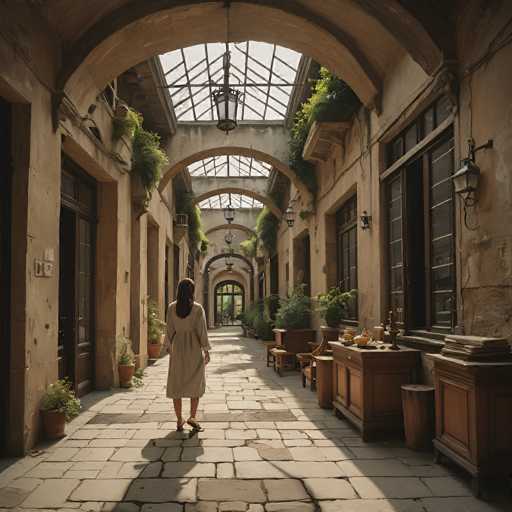 A woman wearing a white dress is walking down an ornate hallway with arched windows and potted plants on the walls.