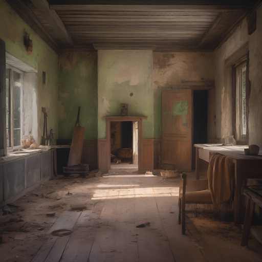 The image depicts an old, dilapidated room with peeling paint and a worn-out appearance. The walls show signs of age and neglect, while the floor is covered in dust and debris. A large hole dominates one side of the room, adding to its eerie atmosphere. In the center of the room stands a wooden door, which appears slightly ajar. To the left of the door, there's a window with boarded-up panes, suggesting that the room has been abandoned for some time. The overall style of the image is reminiscent of an old photograph or a painting from a bygone era.