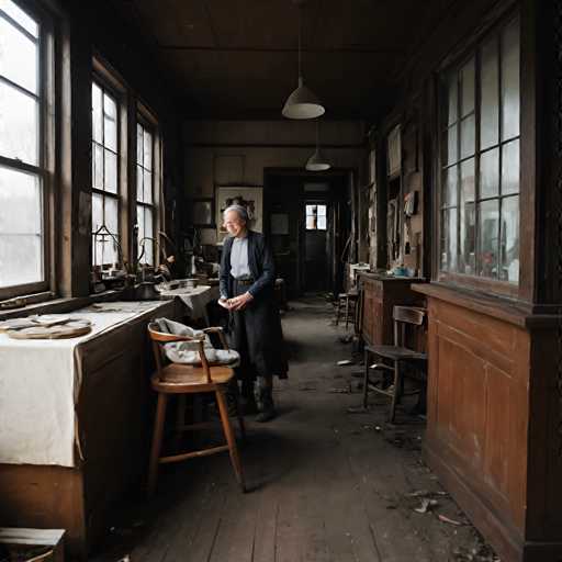 A woman wearing a blue dress stands alone in an old building with wooden floors and walls. The room is filled with various objects scattered around, including chairs and tables. A window on the right side of the image allows natural light to enter the space.