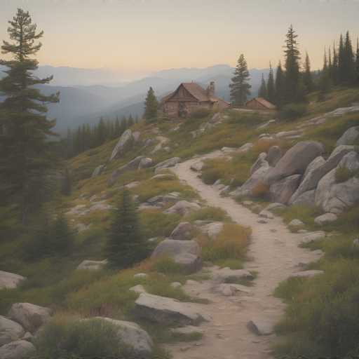 The image depicts a rustic cabin nestled on a mountain side surrounded by lush greenery and towering trees. The cabin is constructed from wood and features a chimney protruding from its roof. A dirt path winds through the scene, leading towards the cabin. The sky above is painted in hues of orange and pink, suggesting either sunrise or sunset.