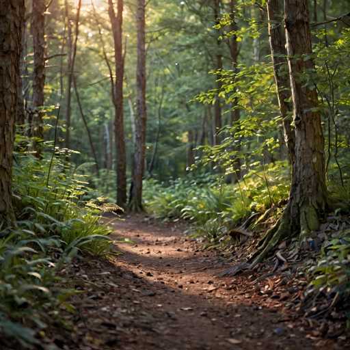 The image depicts a serene forest trail lined with tall trees and lush greenery. The sun is shining through the canopy of leaves, casting dappled shadows on the ground below. The perspective suggests that the viewer is walking along the trail, surrounded by nature's tranquility.
