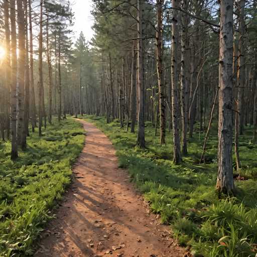 The image depicts a serene forest trail lined with tall trees on both sides and covered by lush green grass. The sun is shining brightly through the canopy of leaves above, casting dappled shadows on the ground below. The perspective suggests that the viewer is standing at the beginning of the trail, looking towards the end where it meets another tree line.