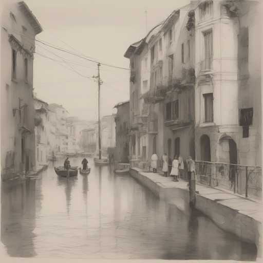 The image depicts a serene canal scene with two boats on the water and several people walking along the sidewalk near the buildings lining the canal. The photo is taken from a low angle, giving an interesting perspective of the canal and its surroundings.