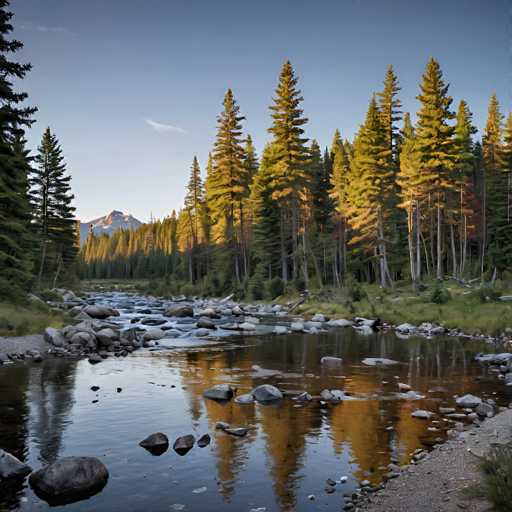 The image depicts a serene forest scene with a river flowing through it. The river is surrounded by tall trees and rocks, creating a natural boundary between the water and the surrounding landscape. The sky above is clear blue with some clouds scattered across it. The sun shines brightly in the background, casting light on the scene and highlighting the colors of nature.