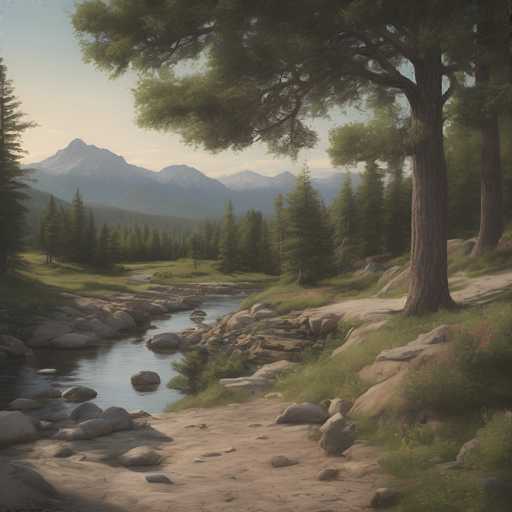 The image depicts a serene mountain landscape with a river flowing through it. The mountains in the background have snow-capped peaks and appear majestic against the sky. The river is surrounded by trees and rocks, adding to the natural beauty of the scene. The colors used are predominantly green and brown, creating a harmonious blend of nature's elements.