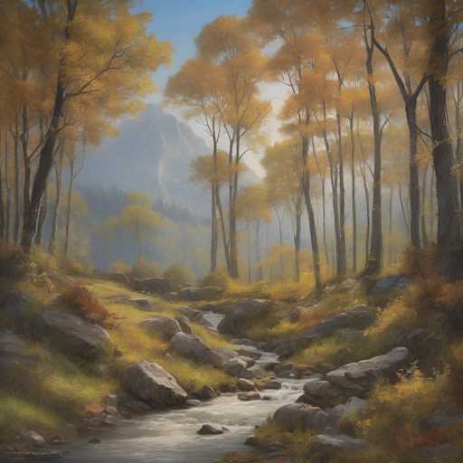 The image depicts a serene autumn forest scene with tall trees displaying vibrant yellow leaves and a mountain range in the background. The painting is executed in an impressionistic style, characterized by loose brushstrokes that capture the essence of light and color rather than minute details.