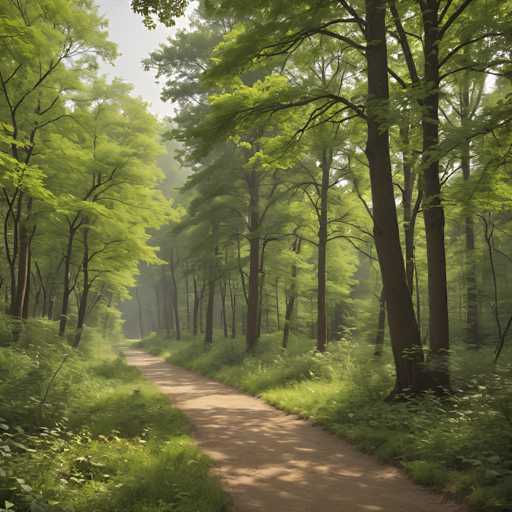 The image depicts a serene forest trail lined with tall trees on both sides and covered by lush green foliage. The path is made of dirt and leads the viewer's eye deeper into the woods. The sky above is clear blue, providing a beautiful backdrop to the scene.