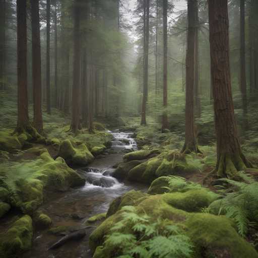 The image depicts a serene forest scene with tall trees and a small stream running through the center of the frame. The stream is surrounded by rocks and ferns, adding to the natural beauty of the setting. The perspective of the photo is taken from ground level, looking up at the towering trees that fill the background. The colors in the image are predominantly green and brown, reflecting the lush vegetation and earthy tones of the forest floor.