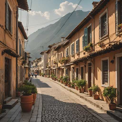 The image depicts a narrow cobblestone street in a small town, flanked by old buildings with terracotta roofs and balconies. The street is lined with potted plants on both sides, adding greenery to the scene. In the background, majestic mountains rise against the sky, creating a picturesque backdrop for the quaint town below.