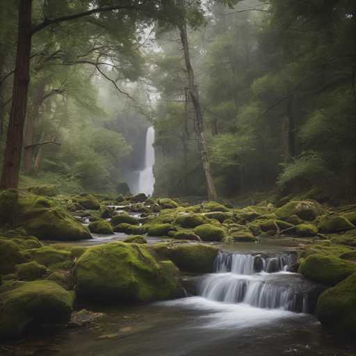 The image depicts a serene forest scene with a small waterfall cascading down moss-covered rocks into a river below. The water is crystal clear and flows gently over the rocks, creating a natural spectacle. The surrounding trees are lush and green, providing a sense of tranquility to the scene. The perspective of the photo is taken from ground level, looking up at the waterfall, which adds to the feeling of being immersed in nature.