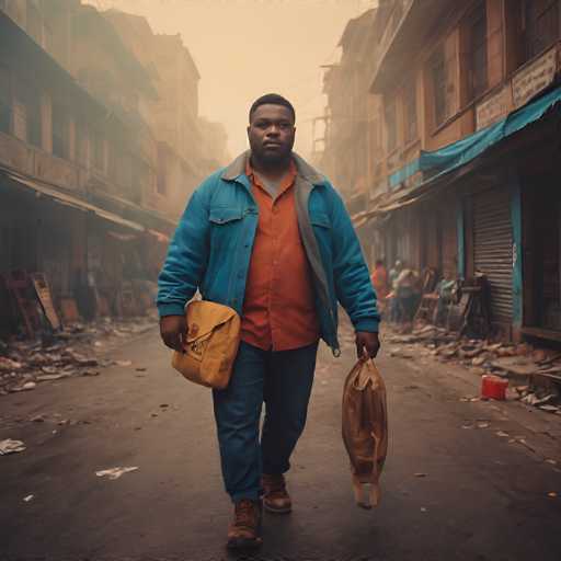 A man wearing an orange shirt and blue jacket is walking down a street carrying a brown leather bag on his shoulder while looking straight ahead.