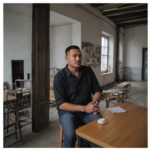 A man is seated at a wooden table with a white coffee cup and saucer on it. The room has a rustic charm, with exposed beams running along the ceiling and walls adorned with various paintings.