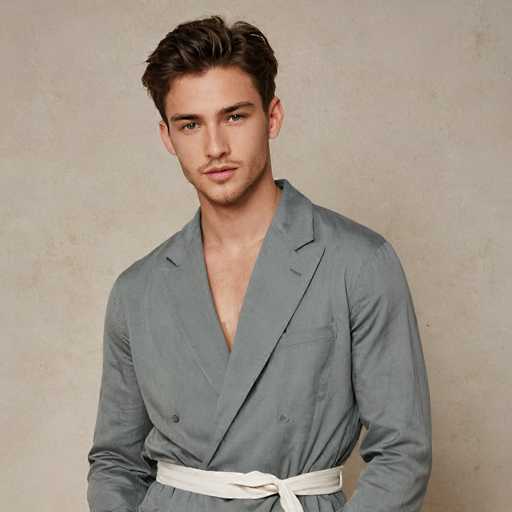 A young man is standing against a plain beige wall with his hands on his hips and looking directly at the camera. He is wearing a gray blazer over a white shirt and has a white belt around his waist.