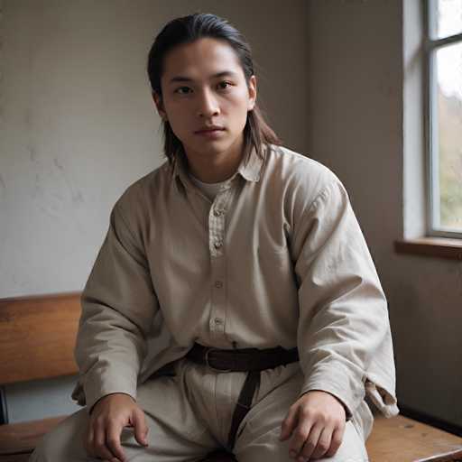A young man with long dark hair is seated on a wooden bench in an indoor setting. He is wearing a beige shirt and pants, and his gaze is directed off to the side. The background features a white wall and a window that allows natural light to enter the room.