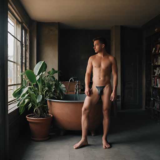 A man stands barefoot and nude in a room with a brown bathtub filled with water and a large green plant on the left side of the image.