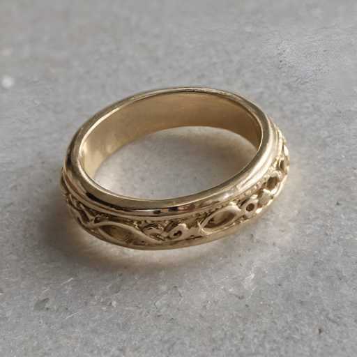 The image shows a gold ring with an intricate design on it. The ring is placed against a white background and appears to be the main focus of the image. There are no texts or other objects in the image, making the ring the sole subject matter.