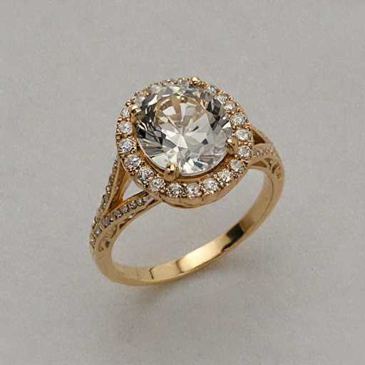 The image shows a gold ring with a large, round diamond at the center. The diamond is surrounded by smaller diamonds on either side, creating a symmetrical and balanced design. The ring is set against a white background, which highlights its intricate details and craftsmanship.
