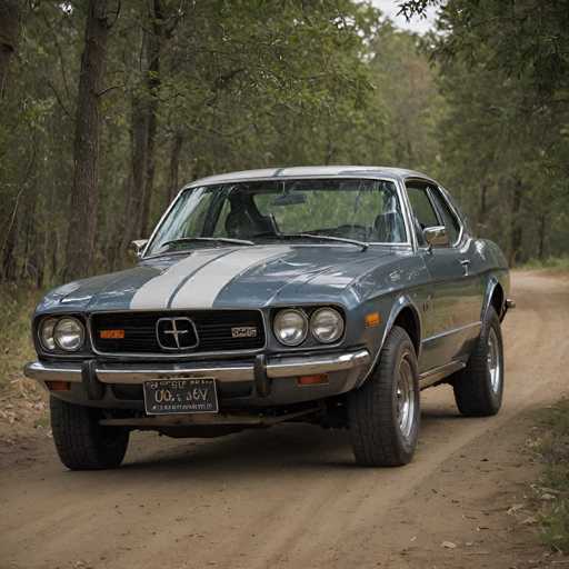 A vintage blue and white car with a license plate that reads "UH-6561" is driving on a dirt road surrounded by trees.