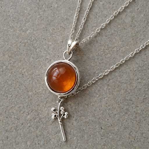 The image shows two silver necklaces with a round pendant featuring an orange gemstone at the center. The pendant is attached to a silver chain and has a small silver flower charm hanging from it.