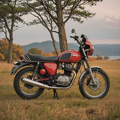 A red motorcycle is parked on a grassy field with tall grass and trees in the background. The motorcycle has a black seat and silver fenders, and it's facing towards the right side of the image.