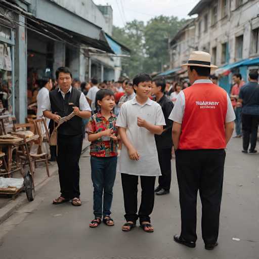 The image shows a group of people standing on a street corner with a man wearing a red shirt and a hat standing next to them. A young boy is holding up his hand in the air while two other boys stand nearby. In the background, there are several chairs and tables set up outside a building, suggesting an outdoor seating area or market.