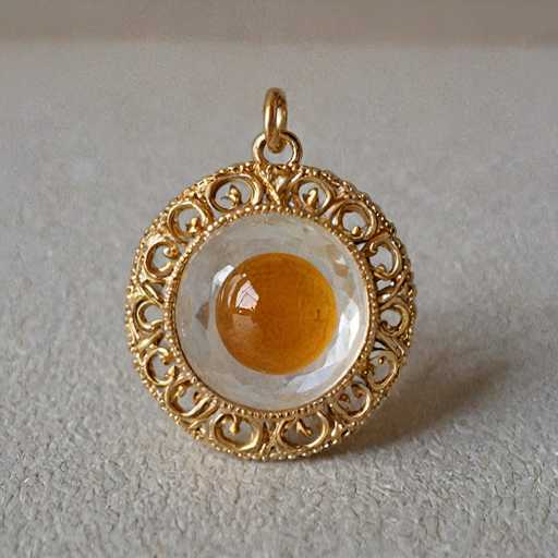 The image shows a small gold-colored pendant with an intricate design on the outer edge and a clear glass center containing a yellowish substance. The pendant is set against a white background, which highlights its golden hue and detailed craftsmanship.