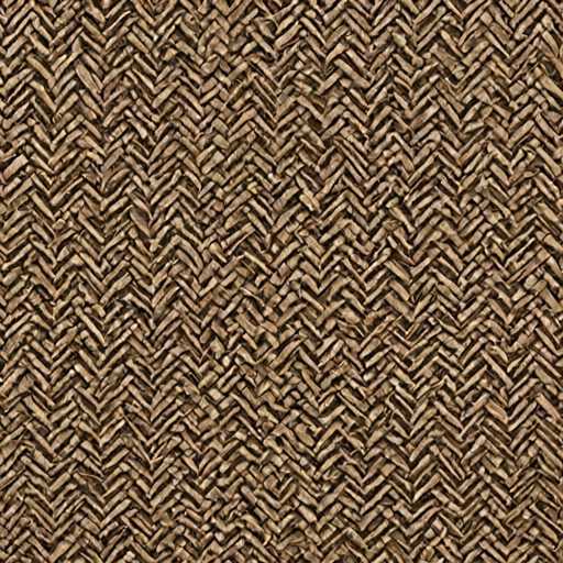 The image shows a close-up view of a woven fabric with a herringbone pattern composed of numerous small squares arranged in a zigzag formation. The fabric exhibits a rich brown color and appears to be made from natural materials such as straw or grass.