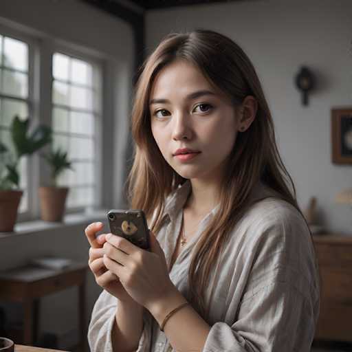 A young woman with long brown hair is sitting at a table and looking directly at the camera while holding a phone. She is wearing a white blouse that matches her gold bracelet. The room has wooden furniture and large windows that let in natural light, creating an atmosphere of calm and tranquility.