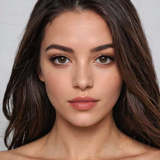 The image shows a close-up portrait of a woman with brown hair and green eyes. She is looking directly at the camera, giving off an air of confidence and self-assurance. The background is plain white, which contrasts nicely with her dark hair and accentuates her features. There are no other objects or people in the image, making it a simple yet striking portrait that captures the essence of the woman's personality.