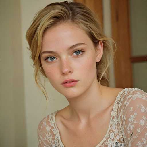 A young woman with blonde hair and blue eyes is captured in a close-up portrait against the backdrop of a white wall. She is wearing a white lace top that contrasts beautifully with her skin tone. The simplicity of the background allows the viewer to focus on her face and upper body, which are the main subjects of this image.