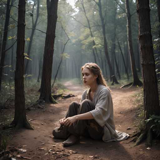 A young woman with blonde hair is sitting on a dirt path in a forest. She is wearing a white cardigan and brown pants. The trees surrounding her have green leaves, suggesting the season to be spring or summer.