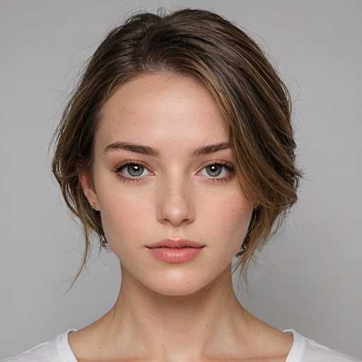 A young woman with short brown hair and green eyes is captured in a close-up portrait against a plain gray background. She is wearing a white shirt that contrasts with her dark hair. The simplicity of the image focuses on her features and expression, creating an intimate and personal connection between the viewer and the subject.
