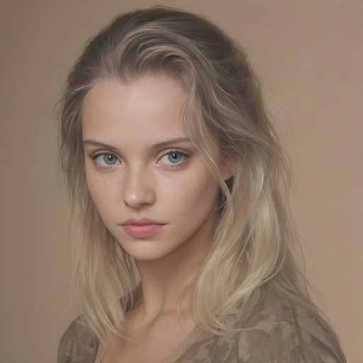 A woman with blonde hair is the central figure in this digital illustration. She has a serious expression on her face and is looking directly at the camera. The background of the image is a light beige color that contrasts with the woman's blonde hair, making her stand out even more. There are no other objects or people visible in the image, which focuses solely on the woman and her surroundings.