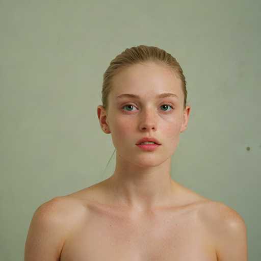 A young woman with blonde hair and a red lip is captured in a close-up portrait against a green background.