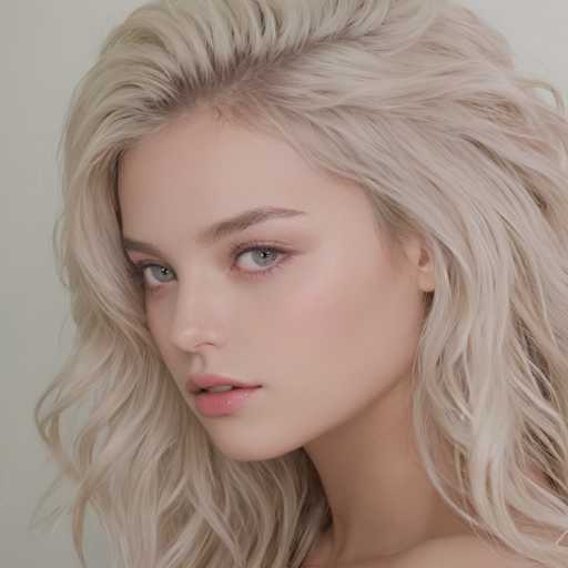 A young woman with blonde hair is the central figure in this image. She has a serious expression on her face and is looking directly at the camera. The background of the image is white, which contrasts with the blonde hair of the woman.