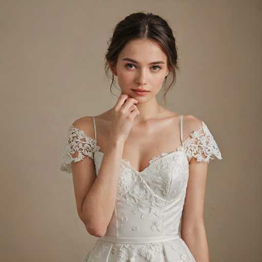 A woman is captured in a moment of deep thought or contemplation, her gaze directed off to the side with her hand resting on her chin. She is wearing a white dress adorned with lace sleeves and a corset, suggesting an elegant and formal occasion. The background is a light beige color that contrasts with the woman's attire, making her the focal point of the image.