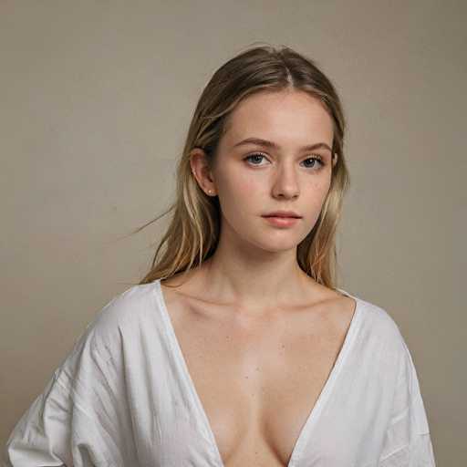 A young woman with blonde hair is captured in a close-up portrait against a plain beige background. She is dressed in a white blouse that contrasts with her fair skin tone and blue eyes. The simplicity of the background allows the viewer to focus on her face and upper body, which are the main subjects of the image.