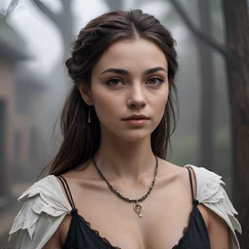 A young woman with long brown hair is captured from a close-up angle against the backdrop of a foggy forest. She wears a black dress and has a necklace featuring a pendant in shades of blue and green. The image does not contain any discernible text or other objects, and there are no actions taking place.